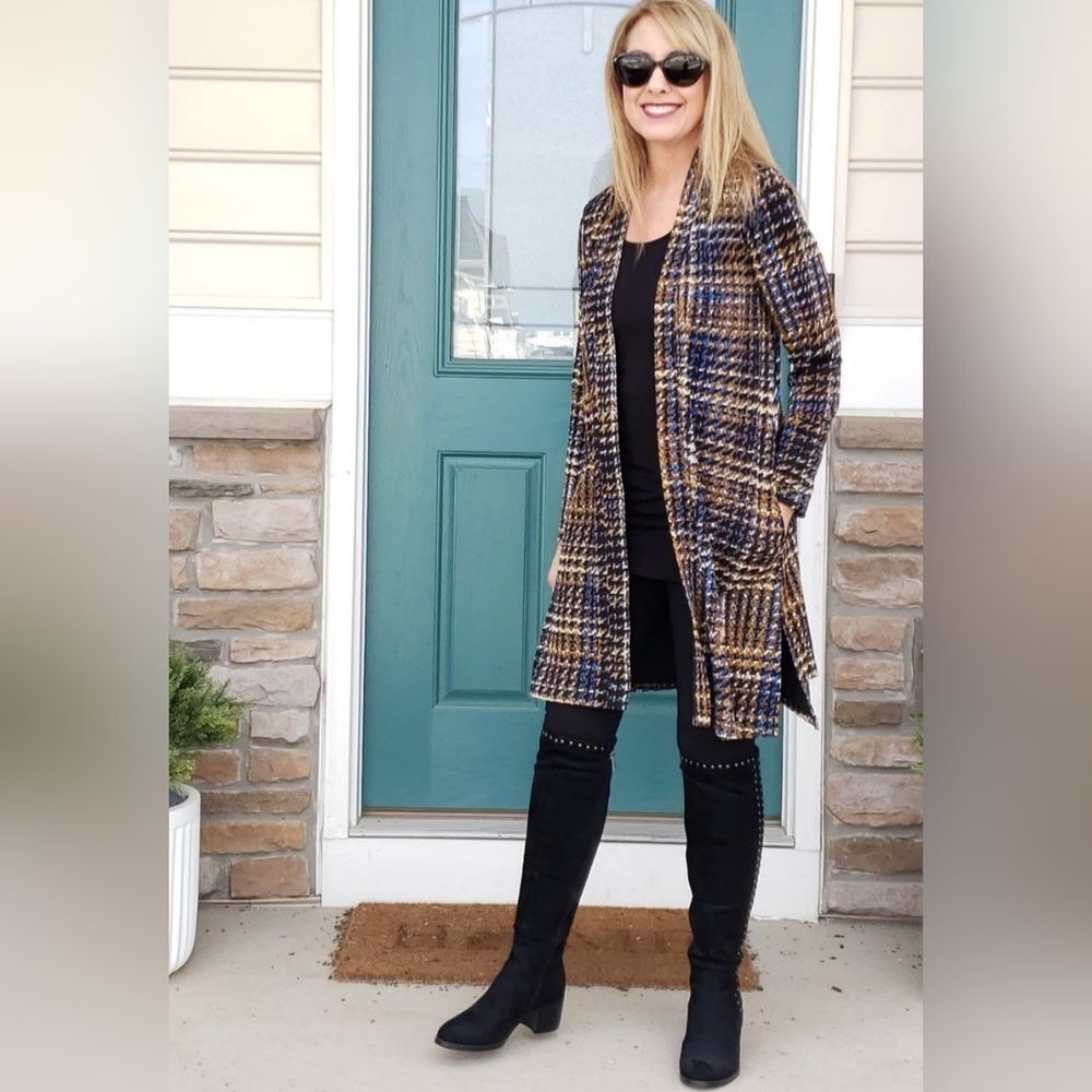 Susan Graver Autumn Plaid Open Front Long Sleeve Stretch Duster Cardigan Jacket